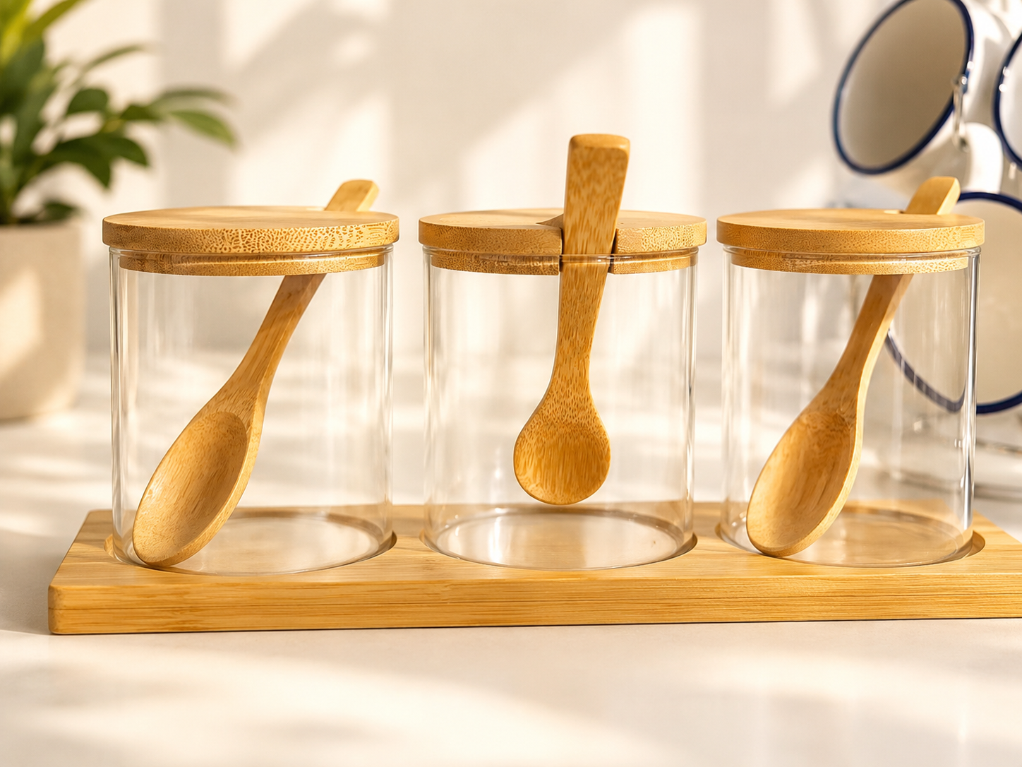 3-Piece Glass Tea Set with Wooden Tops & Spoons